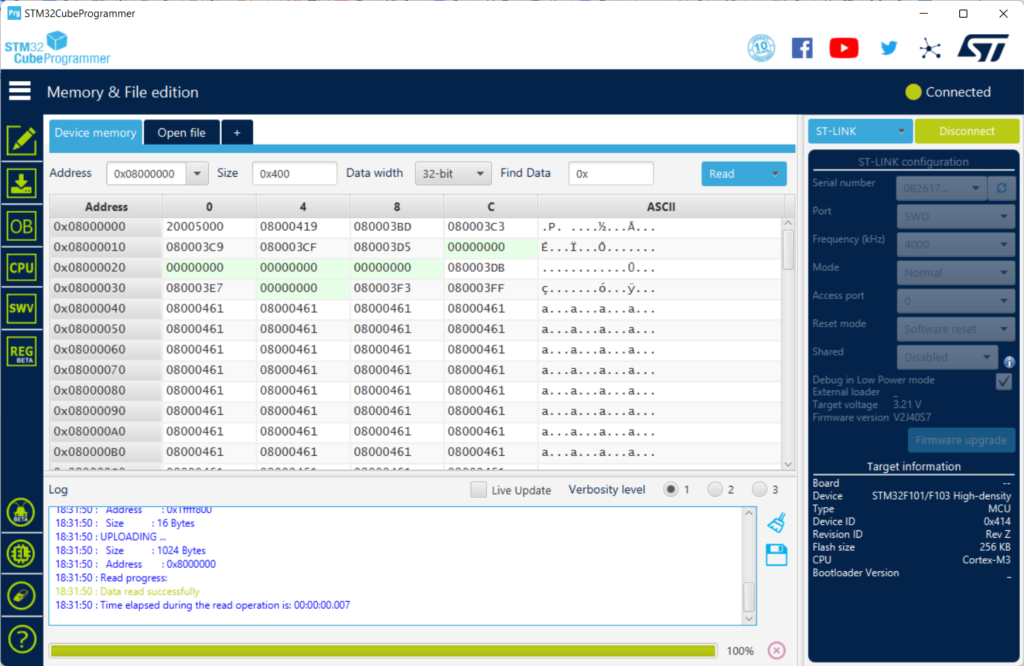 Прошивка hex при помощи STM32CubeProgrammer