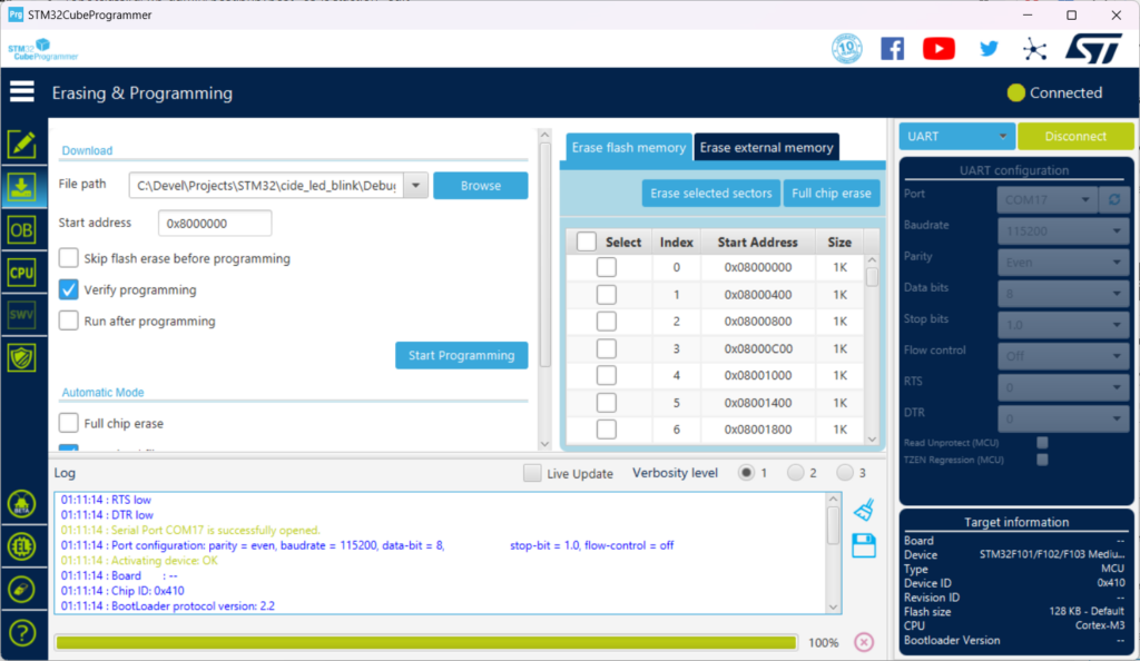 Прошивка hex при помощи STM32CubeProgrammer - UART